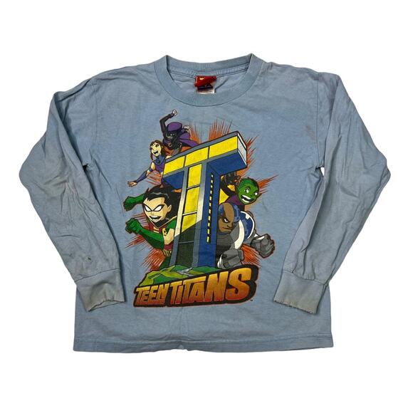 Vintage 00s Teen Titans Comics Long Sleeve Tee T-Shirt FLAW Blue Youth Small - Picture 1 of 8